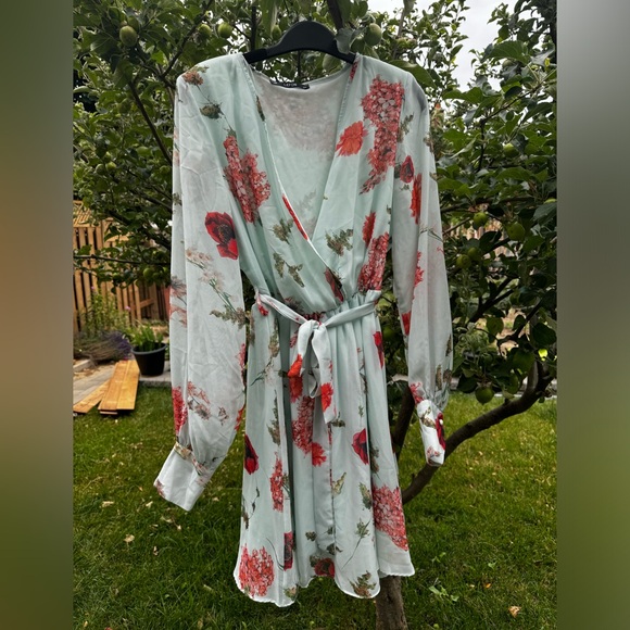 JF LEFON Mint Green Floral Long Sleeve Faux Wrap Belted Mini Dress, Sz L - Picture 8 of 16